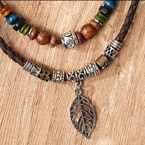 NEW! LEAF Wood Beads Brown Cording Adjustable Necklace